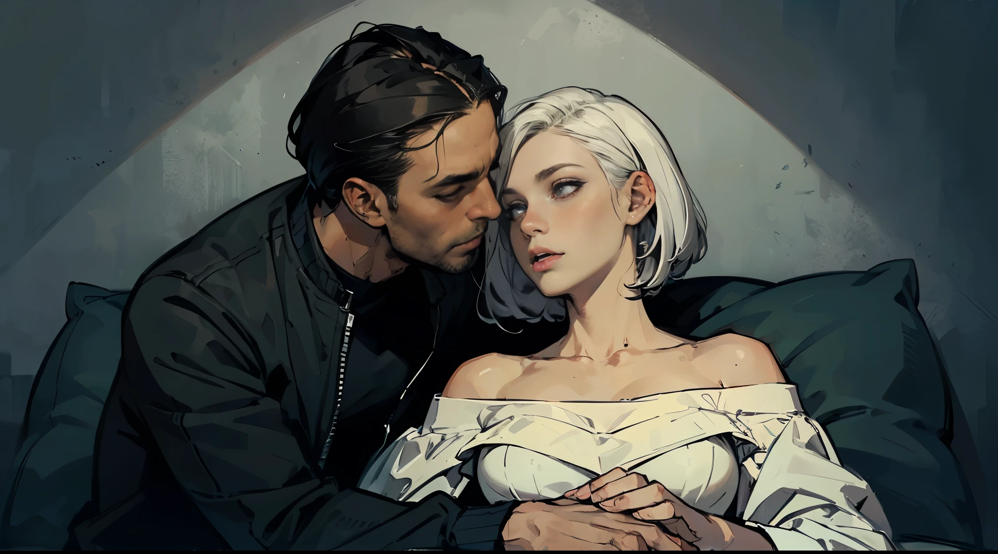 ((Best quality)), ((masterpiece)), (detailed), ((perfect face)), ((Half bodies)) perfect proportions, they are a couple of vampires, (adult man with dark hair in a biker suit), (Young teenage girl, white hair in a delicate dress), vampire atmosphere, Gothic bedroom background, ((perfect face)) whole body , vampire atmosphere, cuddling