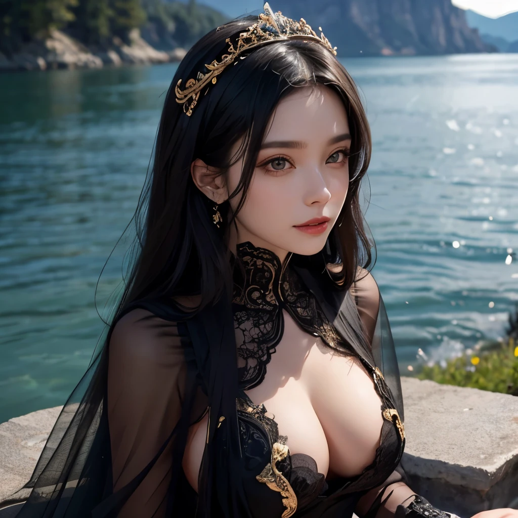 Girl, transparent, see through, black and gold dress, topless, black hair, tiara, glove, chokes, black long sleeves, black veils, ear wear, detailed hand, oval face, detailed face, smile, picture form top to knee, sexy pose, large breasts, look at camera, camera from top, detailed, lake background, photorealistic, best quality