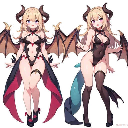 masterpiece, best quality, cute eyes, 1girl, solo, high fantasy costume, ((white background)), full body, multiple views, leotard, succubus, dragon horn, bra, side by side,
