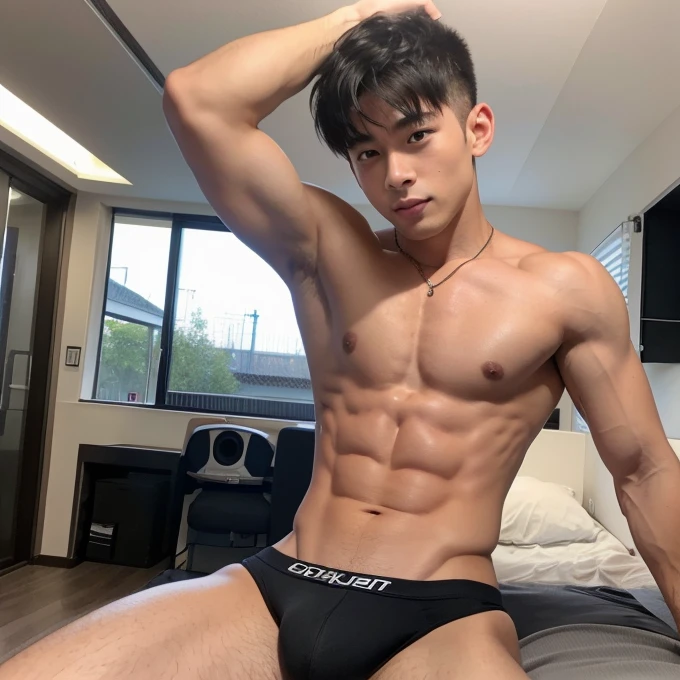 High school boy、He has six-pack abs and a big crotch、underwear