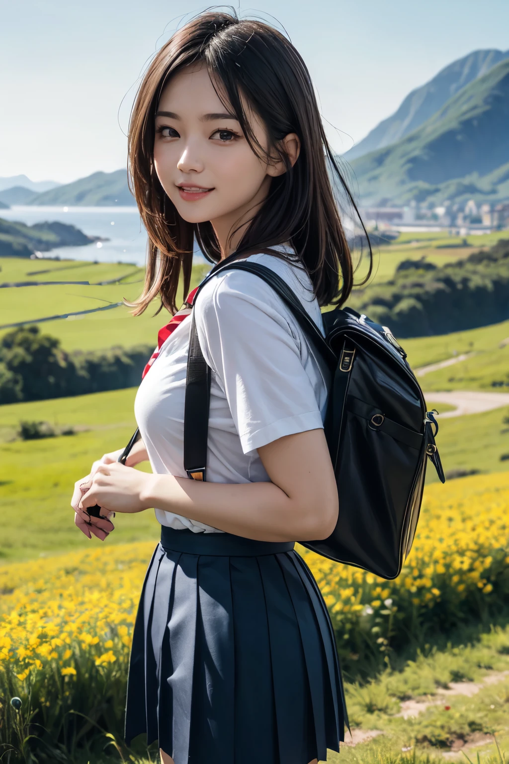 very cute and beautiful girl,(highly detailed beautiful face),(smile),happy,looking at viewer, black hair,serafuku,short sleeve,(pleated navyblue mini skirt),standing,holding school bag, countryside,hilltop,grassland,tiny flower field,distant ocean background, (best quality,masterpiece),absurdres,highres,ultra-detailed,extremely detailed,32k,8k resolution, intricate details,cinematic scene,detailed background,solo,dynamic angle,