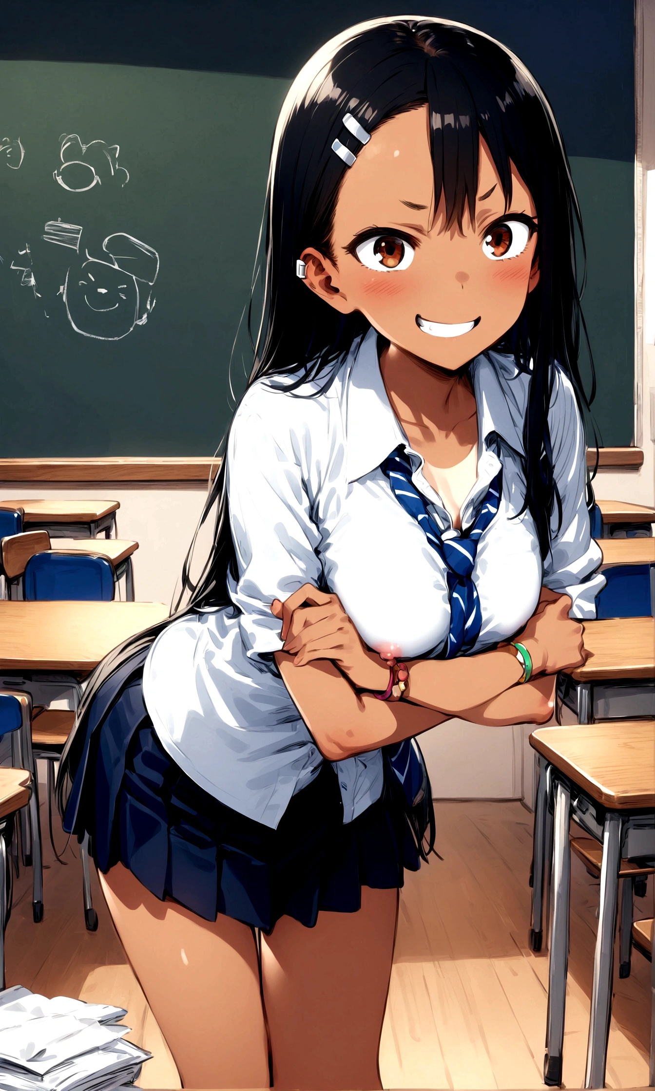 1 girl:nagatoro_hayase, Brown eyes, Black Hair, Long Hair, Dark Skin, Woman with dark skin, Sunburn, Sunburnlines, Hair Clip, , Nipples are visible、White shirt, Collared shirt, Pleated skirt,A mischievous girl with a mischievous smile, sSunburnding in a school classroom. She is sharp, Narrow eyes with a teasing expression, And her eyebrows are playfully raised. She added a playful twist: Colorful ties, funky socks, There are also some unusual accessories, such as bracelets and hair clips.. Arms crossed, And she&#39;s leaning forward a little bit., Put one foot slightly in front of the other, As if trying to make a clever remark. There are desks in the background of the classroom, Blackboard with graffiti, There are several documents scattered on the floor..