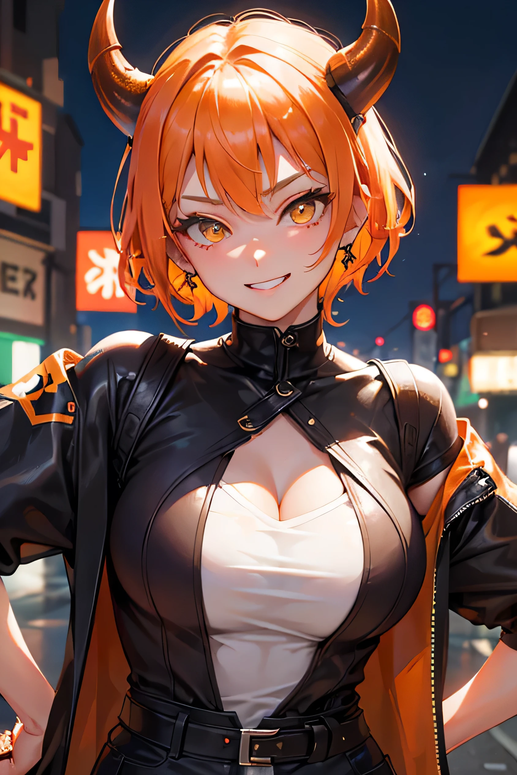 1girl,solo,super detailed skin,shiny skin,wet oily skin ,embarrassed,smile,orange hair,blunt bangs,hair rings,deep detailed eyes,eyelashes,lips gloss ,large breasts,asymmetry body suit,Shinobi clothes,leaning forward,night city ,masterpiece,best quality,ultra detailed,high resolution,sharp focus