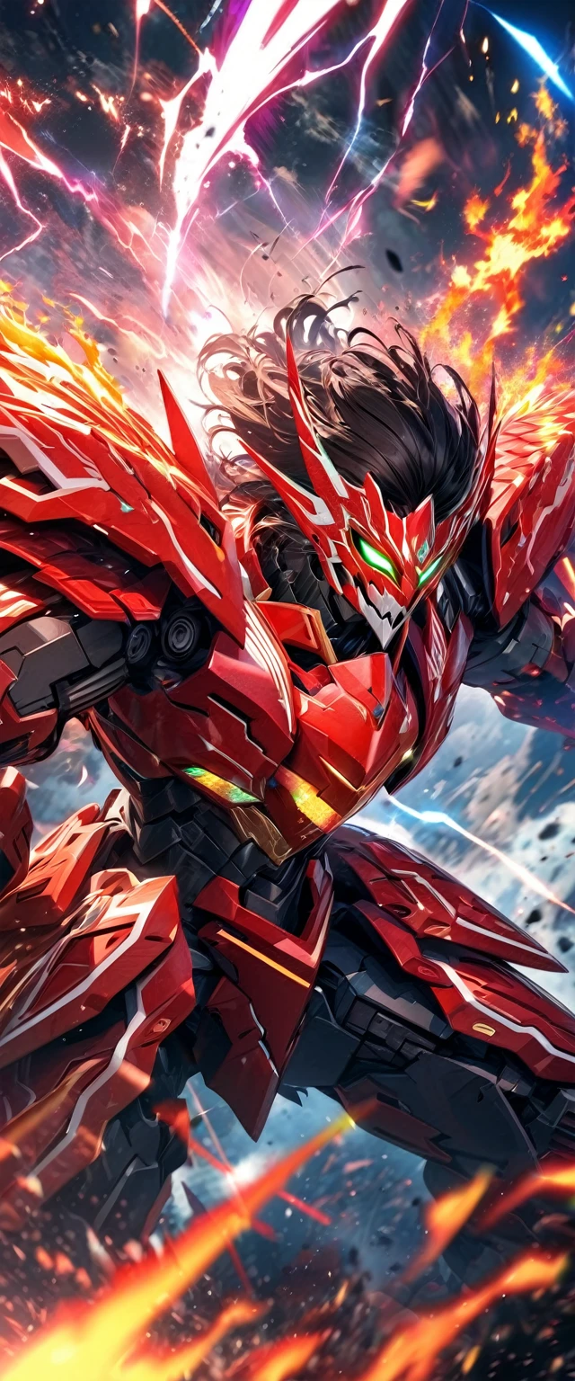 absurdres, highres, ultra detailed, HDR, masterpiece, extremely detailed face and eyes, colorful shinning red white garuda God Mecha armor dragon knight, Epic mecha Garuda mask,,colorful Black hair , , solo, ,man, handsome, , , Epic fight scene, colorful flames splashing effect,colorful lightning effect,glowing glitters