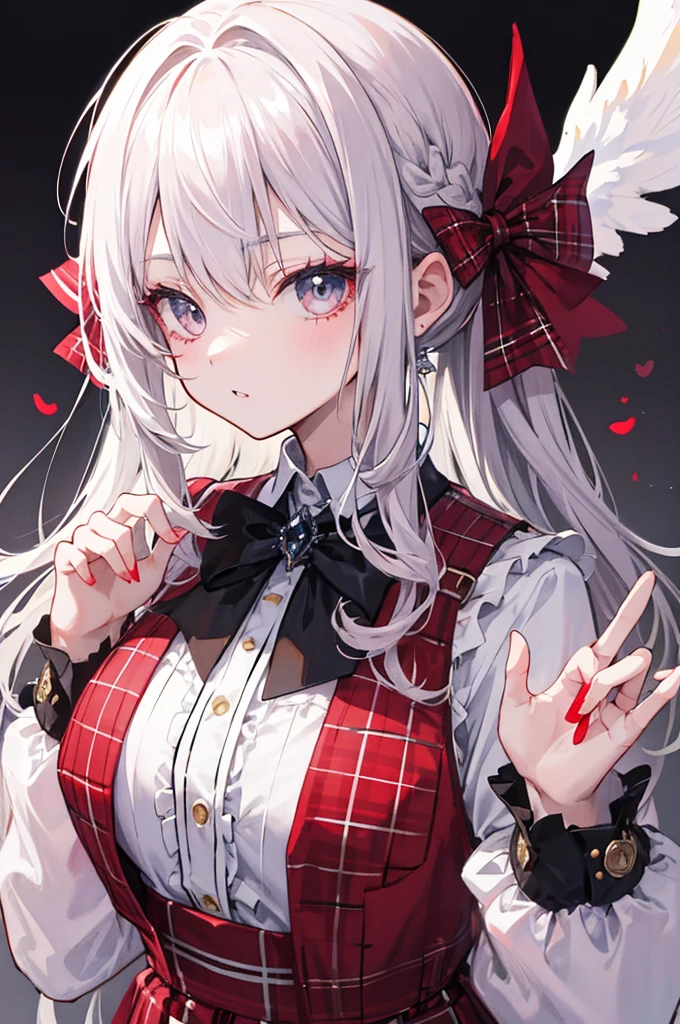 vampire, tooth, Checked dress, bow, changeta fashion, changeta style, Anime Girl Cosplay, change, cute, Cute as an angel, , portrait of changeta girl, Red plaid, And 2k, Y2K, Emo Style, fringe faction, Red plaid, Mine Girl, Harajuku Style, Exaggerated clothing, Intricate decoration, Rock Style, Gothic style
