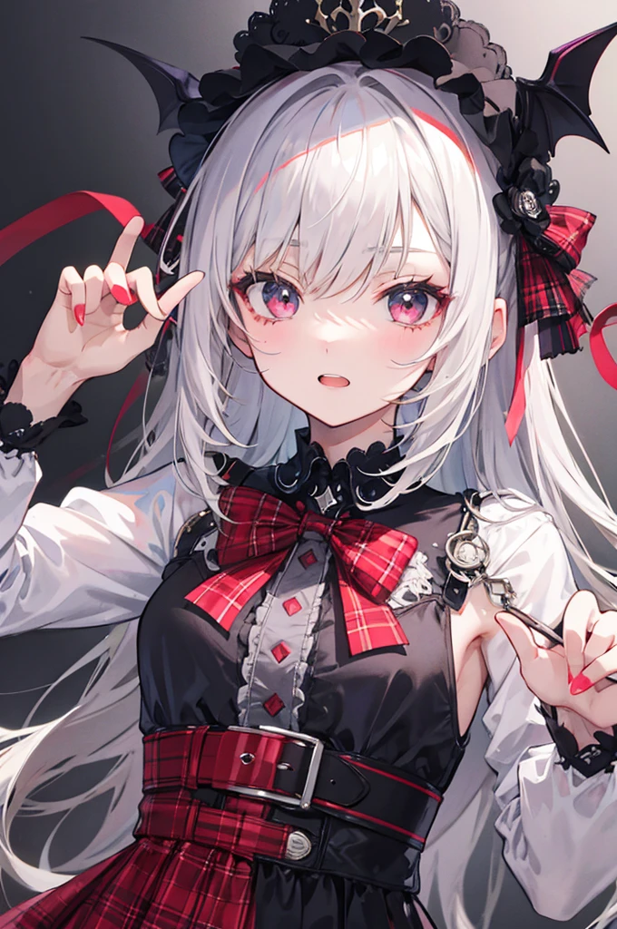 vampire, tooth, Checked dress, bow, changeta fashion, changeta style, Anime Girl Cosplay, change, cute, Cute as an angel, , portrait of changeta girl, Red plaid, And 2k, Y2K, Emo Style, fringe faction, Red plaid, Mine Girl, Harajuku Style, Exaggerated clothing, Intricate decoration, Rock Style, Gothic style