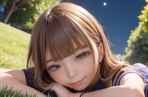 ((Night Grassland、Lie on the grass))、((Lying on your back、Watch the night sky、Stargazing))、1 Japanese girl、high school girl、Serafuku、Sailor suit、high school girl制服、Bob Hair、Brown Hair、Big Breasts、Beautiful Face、Slender body、Accurate Face、Accurate limbs、Detailed landscape、masterpiece、Raw photo quality、16k、((The camera is looking from the side))、