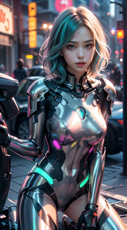 （Real Engine:1.4,Ultra-high resolution,La highest quality:1.4, Realistic:1.4, Skin Texture:1.4, masterpiece:1.8,masterpiece, highest quality）, One girl, Ives Girl, Mecha, Beautiful lighting, (Neon Light: 1.2), (evening: 1.5), "masterpiece, highest quality, 1 Girl, Full body portrait, Sensual pose, ojos greenes, Multicolored Hair+payment:1.3+Rosado:1.3+green:1.3, Sculpted legs and seductive curves, ,Medium milk beautiful milk, Beautiful Face, lots of water droplets, cloud, evening, Open Floor Plan, watercolor, Neon Light:1.2, evening:1.5, Mecha, Beautiful lighting, Bright Neon Light: 1.2, An unforgettable and mysterious night: 1.5",,Beautiful and slender hands、（Big eyes、Well-formed face）smile