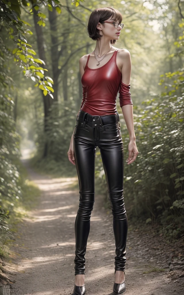 (8K, Masterpiece, RAW photo, Best quality, detail:1.3), (ultra realistic Natural background, scenary:1.5), Depth of field, Cinematic light, (ultra realistic face), (1 picture of 1 solo girl Airim Jones:1.6), 1girl, (Beautiful and elegant Russian girl), (skinny girl with glasses), (European face:1.3), (perfect complete full body:1.6), (full body shot including shoes:1.6), (perfect [frontal view|side profile|back profile]:1.5), (small necklace, collarbone:1.1), ( [bangs|pigtails|bob|pixie] hair:1.5), (ultra detailed skin:1.4), (sexy red minitop:1.5), (soft fabric miniTop:1.5), (Leather Jeans:1.6), (perfect standing pose:1.5), (perfect long legs:1.4), (low rise jeans:1.5), (low waisted jeans:1.5), (perfect shoes:1.5), (perfect feet:1.5)