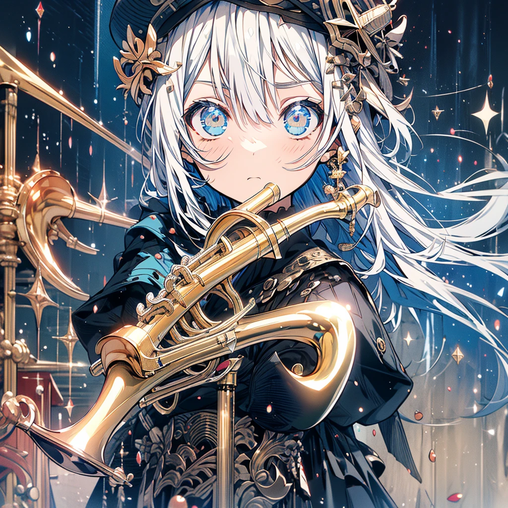 highest quality、masterpiece、Anime Girls、Brass band club、((trumpet))、Serious face、Upper Body、Silver Hair、beret