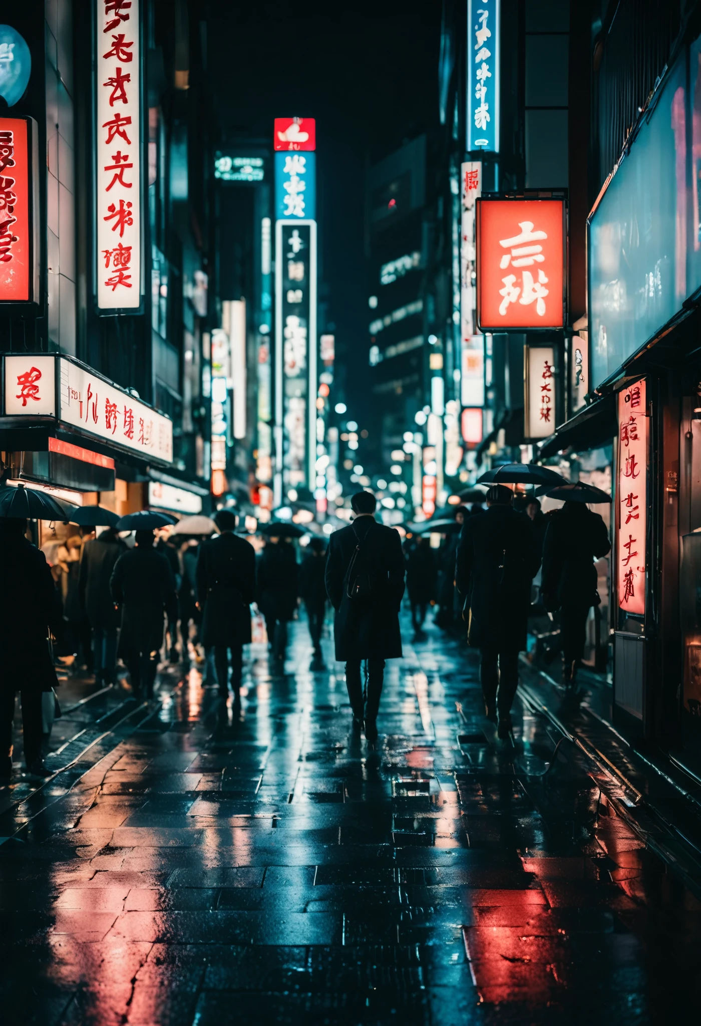 cinematic film still {A film shot of a bustling Tokyo street at night, neon signs glowing vibrantly, crowds of people captured in a freeze-frame of urban life, reflections on wet pavement, realistic atmosphere, shot with a Canon EOS R3, Focal length 35mm} . shallow depth of field, vignette, highly detailed, high budget, bokeh, cinemascope, moody, epic, gorgeous, film grain, grainy