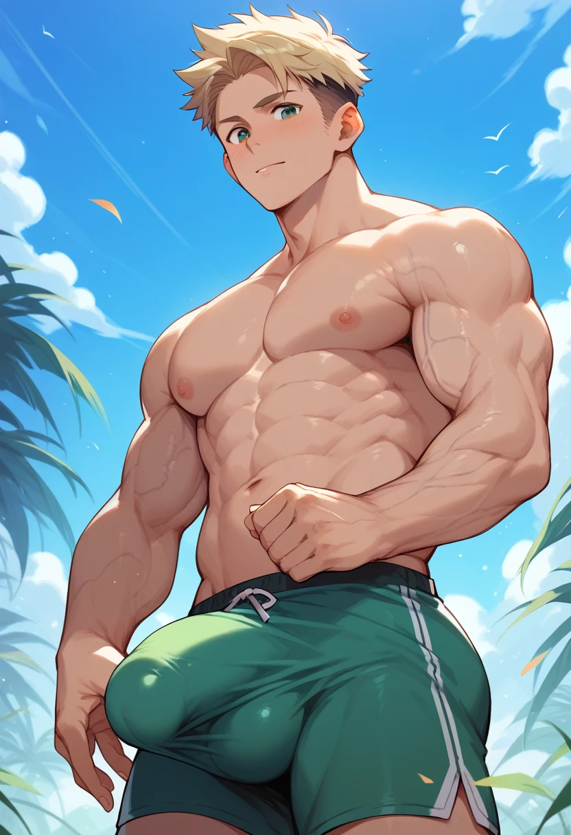 (score_9,score_8_up,score_7_up,score_6_up,score_5_up,score_4_up), best quality, best lighting, high-definition background, 1 boy is 16 yo, muscled, ((veiny arms)), ,(huge penis bulge), from below,