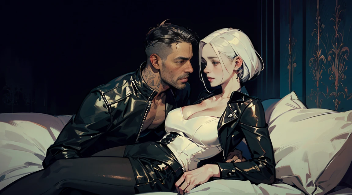 ((Best quality)), ((masterpiece)), (detailed), ((perfect face)), ((Half bodies)) perfect proportions, they are a couple of vampires, (adult man with dark hair in a biker suit), (Young age girl, white hair in a delicate dress), vampire atmosphere, Gothic bedroom background, ((perfect face)) whole body , vampire atmosphere, cuddling