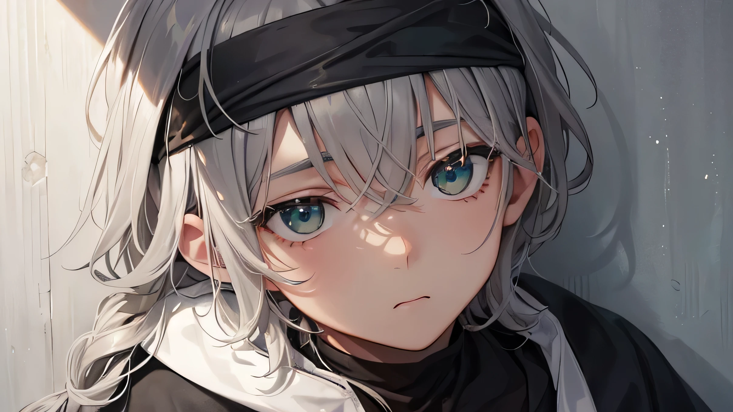a detail close up person, a gray-haired 'boy' brownish skin with a gloomy face without a pale expression wearing black headband sitting in the corner of the wall, looking up with a dead gaze looking at the point view but his green eyes are covered by his hair, sunlight shines in from the side darken the other side