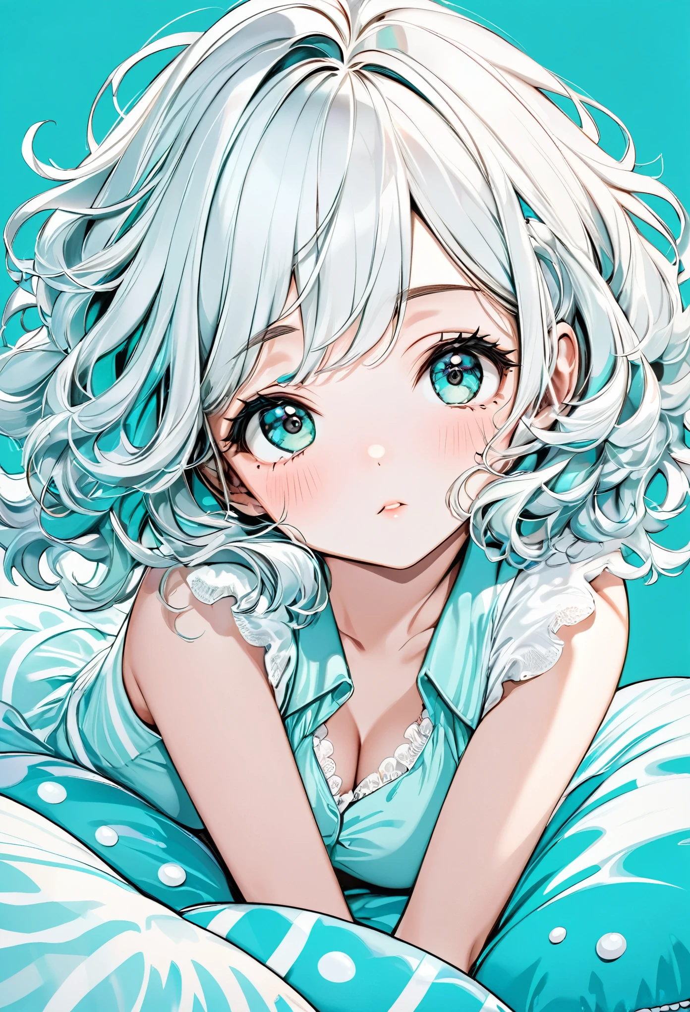 best quality, super fine, 16k, incredibly absurdres, extremely detailed, 2.5D, delicate and dynamic, beautiful girl with puffed cheeks and bored look on her face resting on fluffy, Tiffany blue cushion. white messy wavy short hair, background Tiffany blue and white stripe, cute effects, iridescent, pop art