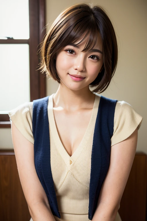 best quality, face focus, soft light, ultra high res, (photorealistic:1.4), RAW photo, 1japanese girl, solo, cute, (shy smile:0.5), (brown eyes, lights in the eyes), detailed beautiful face, (small chest),(high resolution detail of human skin texture), (short bob hair), BREAK, in classroom,navy , vest, skirt