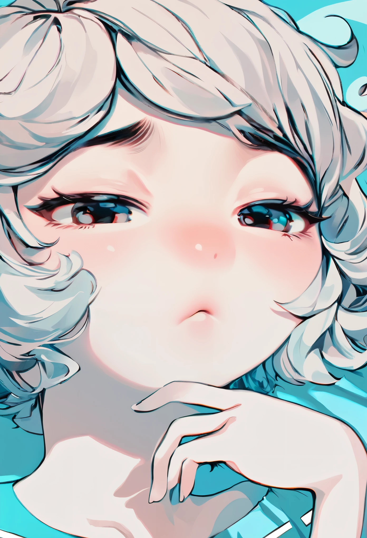 best quality, super fine, 16k, incredibly absurdres, extremely detailed, delicate and dynamic, beautiful girl with puffed cheeks and bored look on her face resting on fluffy, Tiffany blue cushion. white messy wavy short hair, background Tiffany blue and white stripe, cute effects, pop art