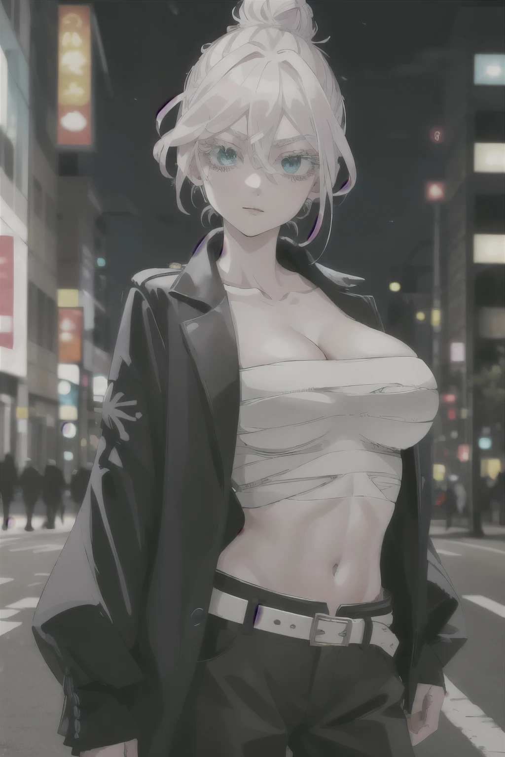 masterpiece, best quality, highres, 1girl, solo, short hair, white hair, hair bun, hair between eyes, colored eyelashes, aqua eyes, cleavage, sarashi, (big breasts: 1.2), bandages, black jacket, open clothes, long sleeves, midriff, belt, black pants, standing, cowboy shot, outdoors, street, night
