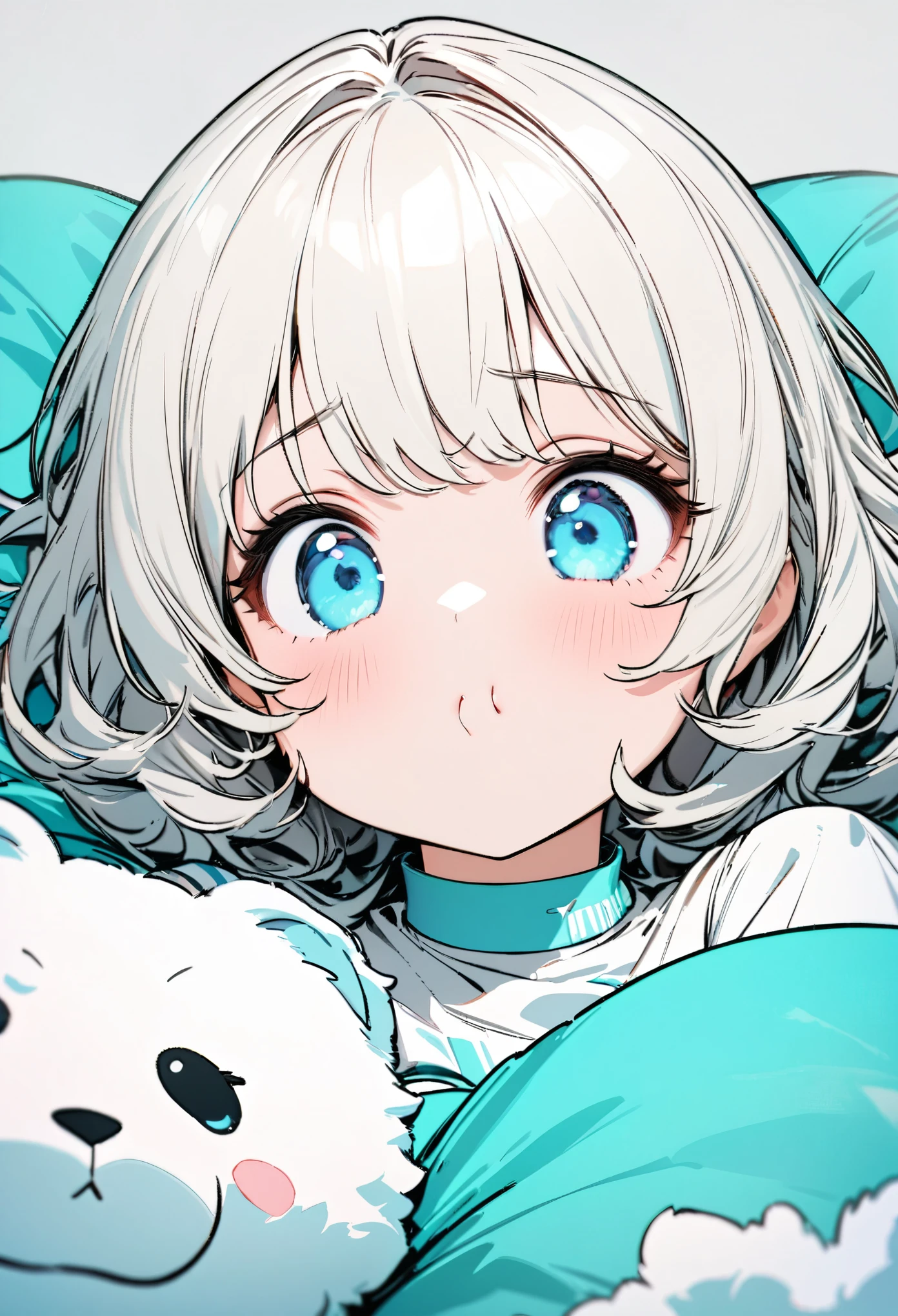 best quality, super fine, 16k, incredibly absurdres, extremely detailed, 2.5D, delicate and dynamic, beautiful girl with puffed cheeks and bored look on her face resting on fluffy, Tiffany blue cushion. white messy wavy short hair, background Tiffany blue and white stripe, cute effects, pop art