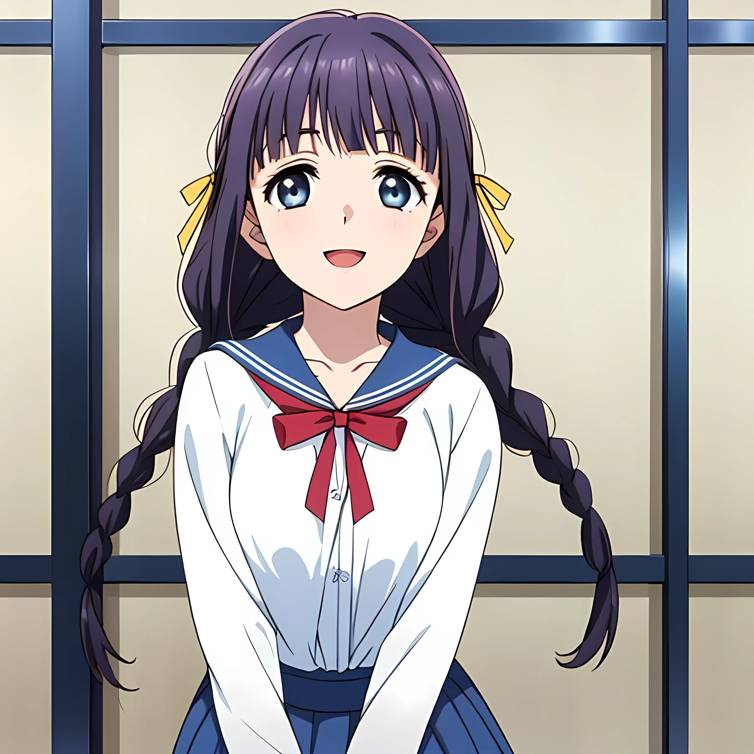 (highest quality, masterpiece:1.2), highest quality, High resolution, 1080p, 8K, Height: 158cm, Anime-style CG, ((A beautiful game heroine is smiling and looking up at the viewer next to her)), A face that everyone loves, Glossy lips, Even bangs, Double, Long eyelashes on both the top and bottom, Smiling blue eyes, The very large and thick yellow ribbon bowtie is very cute., ((Black Hair)), ((long twin braids)), (((A long, neat, dark navy pleated skirt))), (((Dark navy blue long sleeve winter sailor suit))), The dark blue sailor suit is very pure, Smiling, slightly open mouth like a game heroine, Ribbon in hair, Tight waist, (((The background is a blank white wall))), ((The wind blowing upwards is only shaking my bangs)), The ribbon is big and very pretty., 