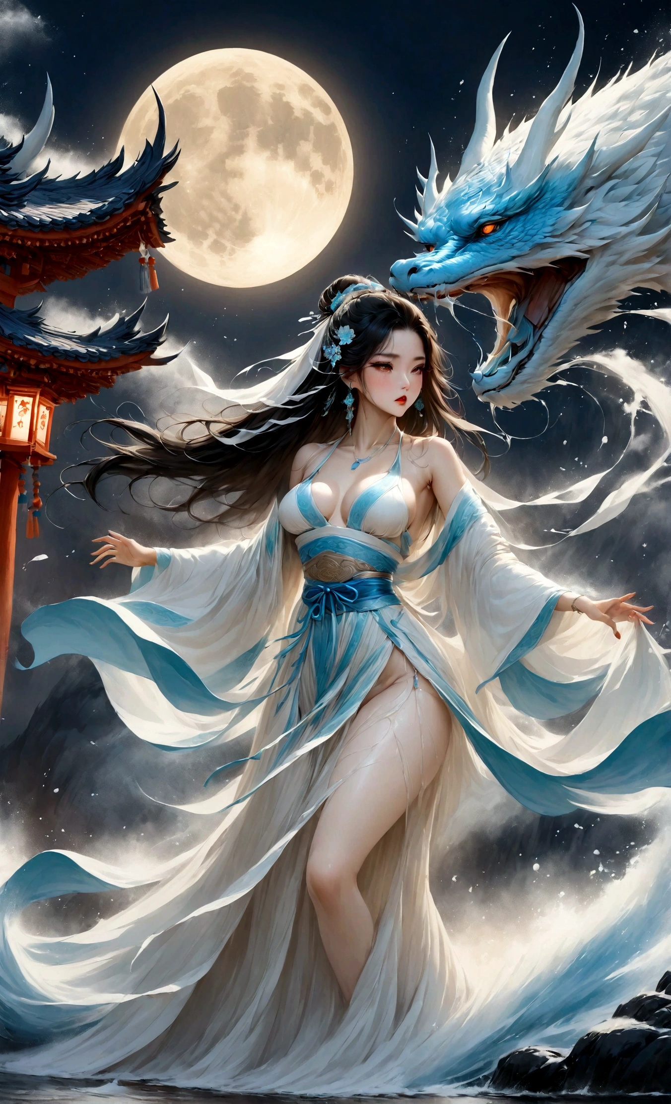 highest quality, Ultra-high resolution,A beautiful shrine maiden is dancing in front of a giant dragon.、Dynamic Movement、Full moon night、Real、The dragon&#39;s head１t、竜の胴は一t、Fantasy、Swirling water flow