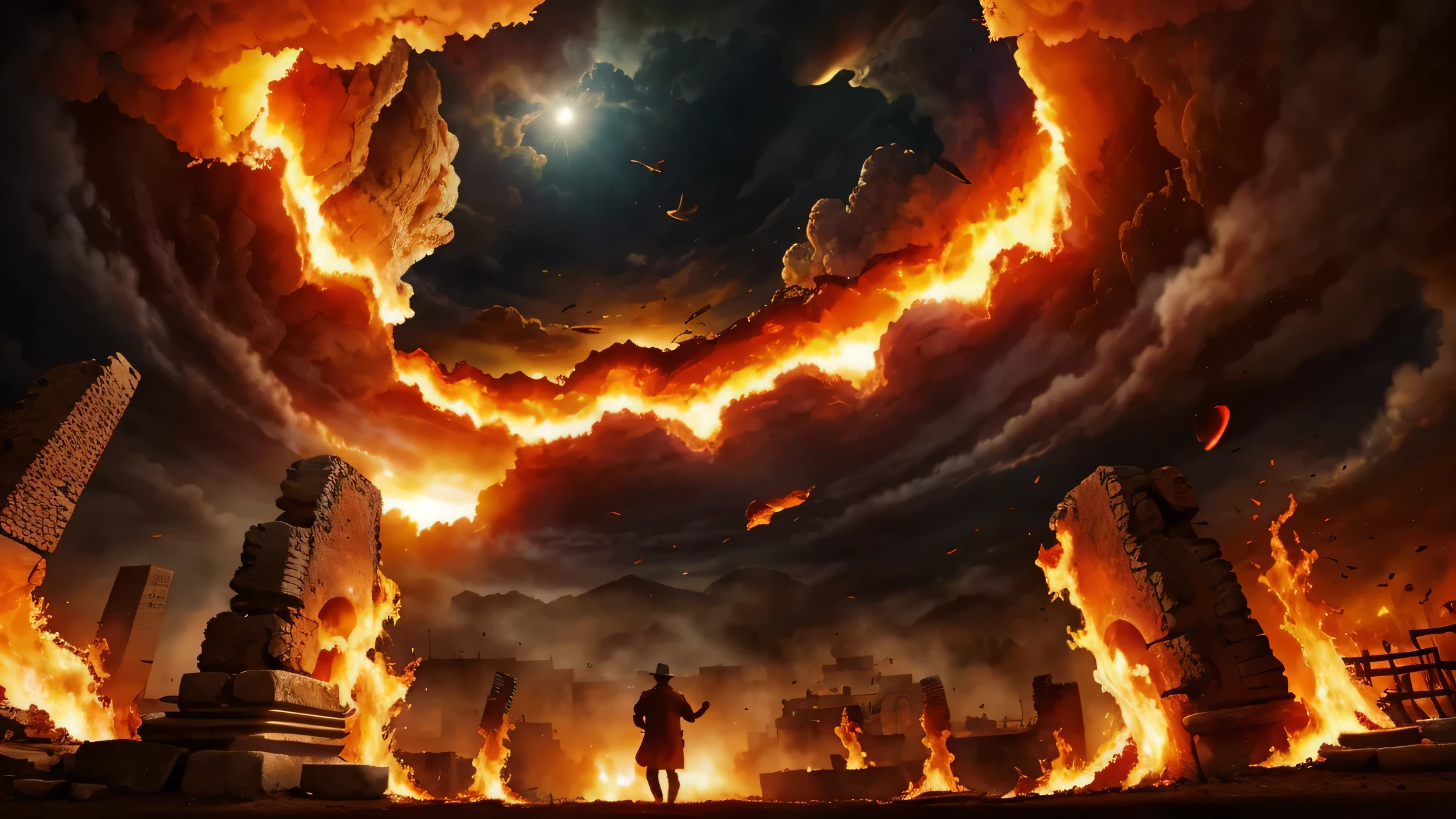 surreal image of the fiery hole in the sky consuming everything evokes a haunting mood of helplessness and impending doom. Ancient city is burning. people running scared