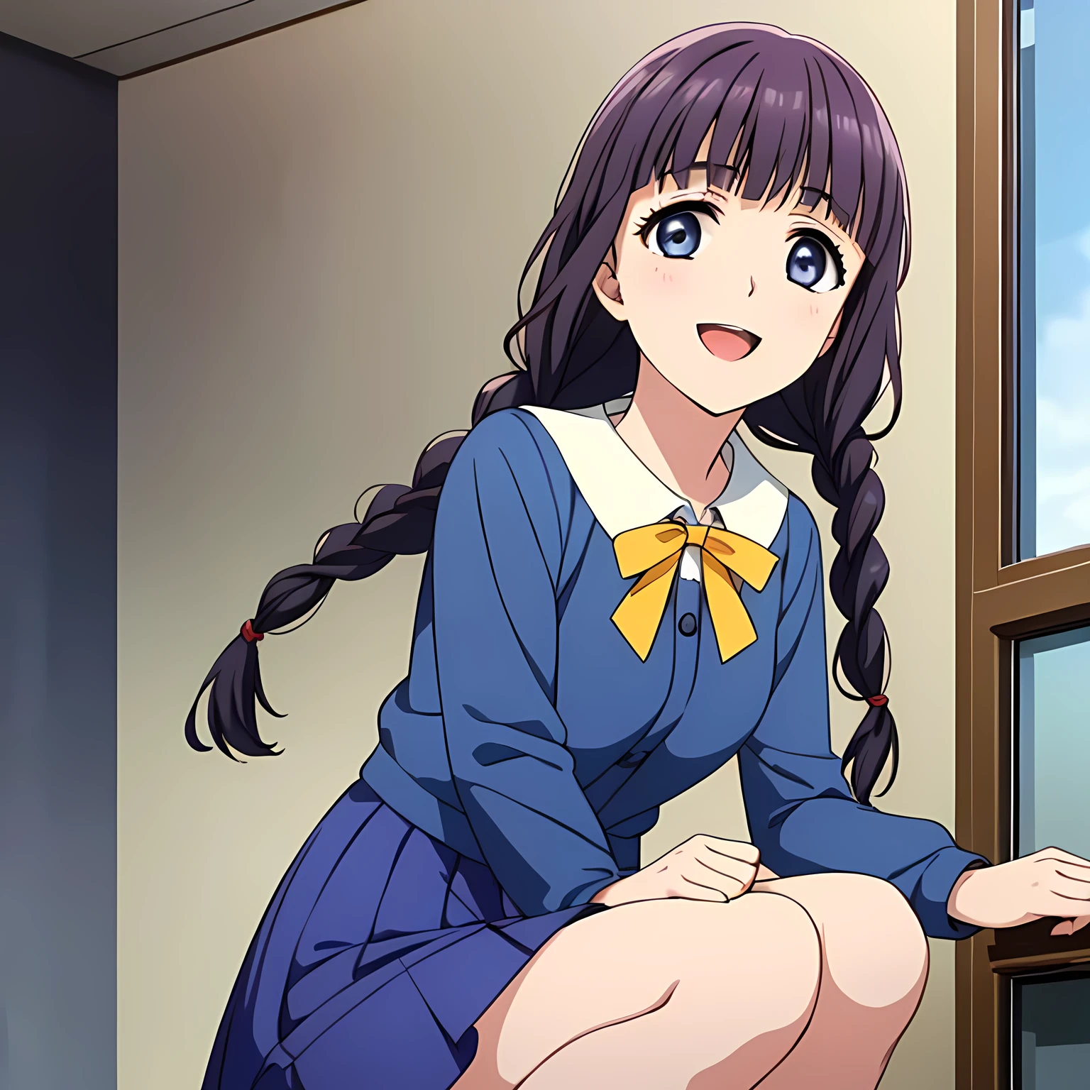 (highest quality, masterpiece:1.2), highest quality, High resolution, 1080p, 8K, Height: 158cm, Anime-style CG, ((A beautiful game heroine is smiling and looking up at the viewer next to her)), A face that everyone loves, Glossy lips, Even bangs, Double, Long eyelashes on both the top and bottom, Smiling blue eyes, The very large and thick yellow ribbon bowtie is very cute., ((Black Hair)), ((long twin braids)), (((A long, neat, dark navy pleated skirt))), (((Dark navy blue long sleeve winter sailor suit))), The dark blue sailor suit is very pure, Smiling, slightly open mouth like a game heroine, Ribbon in hair, Tight waist, (((The background is a blank white wall))), ((The wind blowing upwards is only shaking my bangs)), The ribbon is big and very pretty.,
