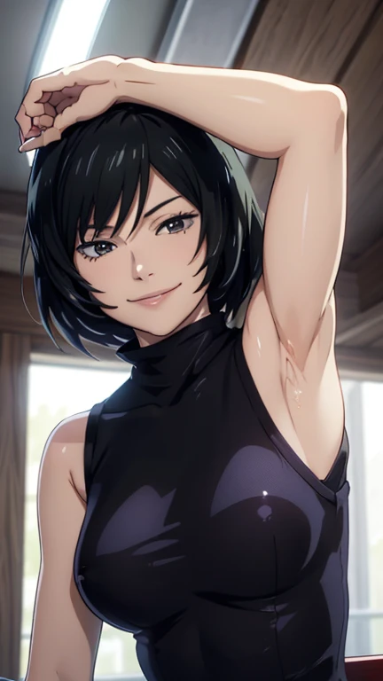 Mai, Portrait, masterpiece, 8k, ultra high quality, ultra realistic, ultra high definition, anime art, smiling, cute, seductive, armpits visible