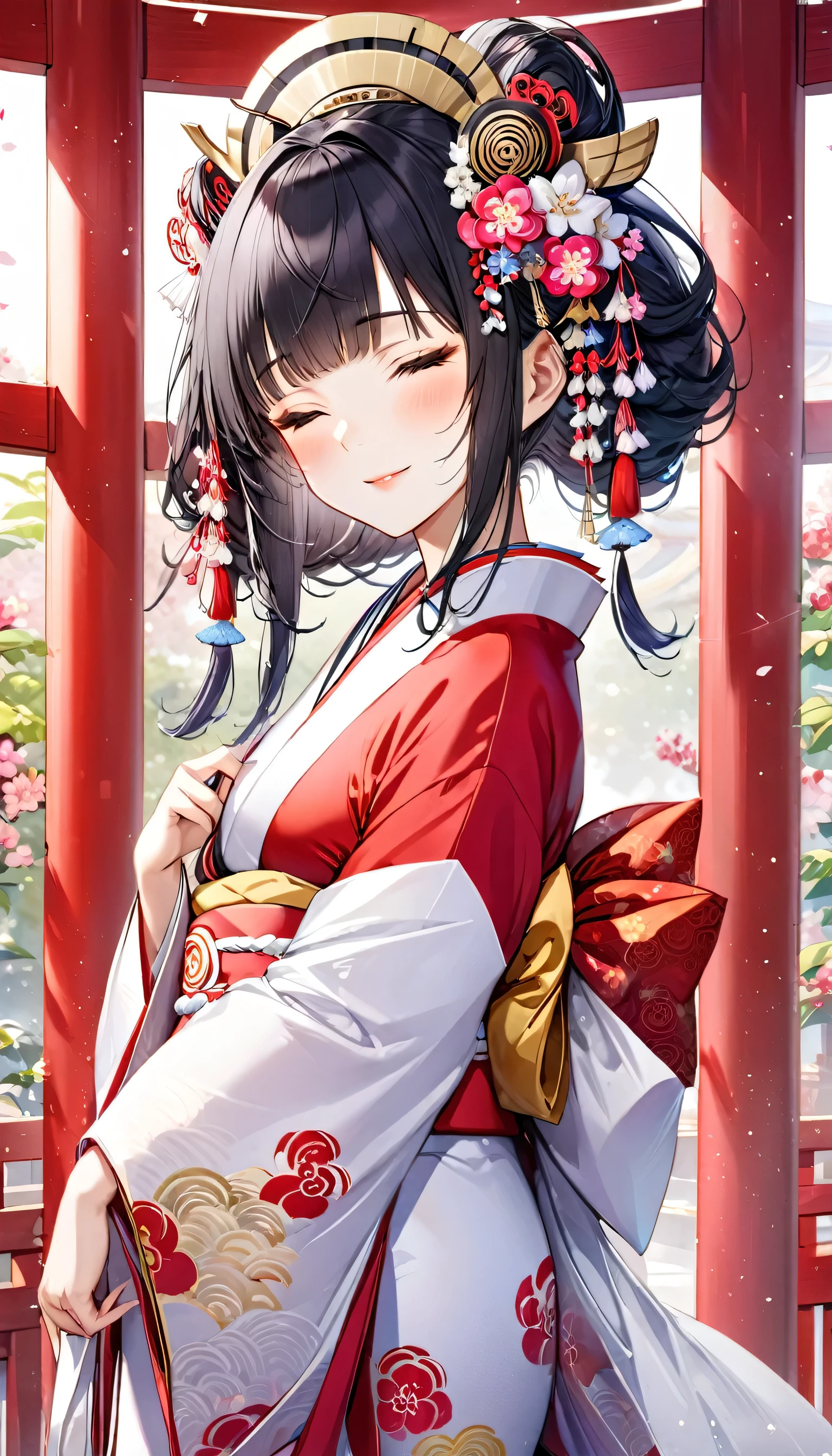 (Japanese June Bride style) (15 yo, solo) ((blunt bangs, oiran hair)) (black hair long hair sexy shrine maiden girl, sexy closed eyes, love smile) ((beautiful make up)) (in a sexy japanese bride A silk:1.3 White wedding kimono), (in the divine Shrine zasiki), BREAK, perfect anatomy, masterpiece, best quality, 16k, beautiful detailed grow, daydreaming expression.