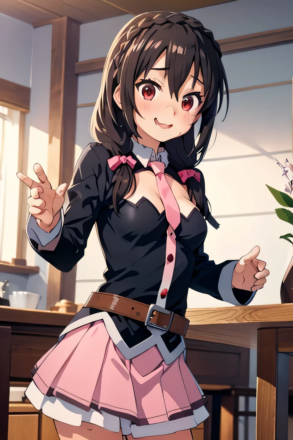 (masterpiece, highest quality), One girl,    Yunyun,Long Hair,Braiding,Twin tails,Hair between the eyes,Hair Ribbon,hair ornaments,A little large chest Pink skirt、Red Eyes、The best smile、indoor、Crown Blade,Black Shirt, Long sleeve,Pink tie, belt, Cleavage cutout、cowboy shot、Grab the hem of your skirt with one hand、Eating breakfast at the table