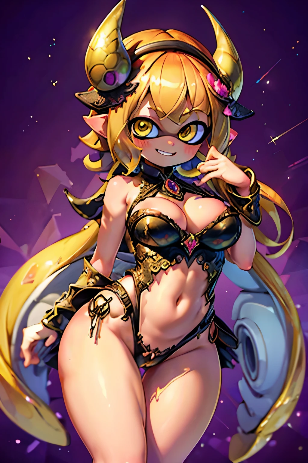 highest quality、High resolution、Real Anime、3D、Volumetric lighting,  Both sides up, Golden Eyes, Malicious grin, Golden tentacle hair, Medium Hair, Sexy eye tips, 美しいFuller lips, gigantic breast, Cleavage、Pornographic exposure, Wide Hips, Fuller lips, (highest quality, Amazing details:1.3), (alone:1.3), masterpiece, (Extremely detailed 8K CG), fix, Decoration, Wicked Smile, Dynamic pose, Dynamic Angle, Pink detail background、blush、