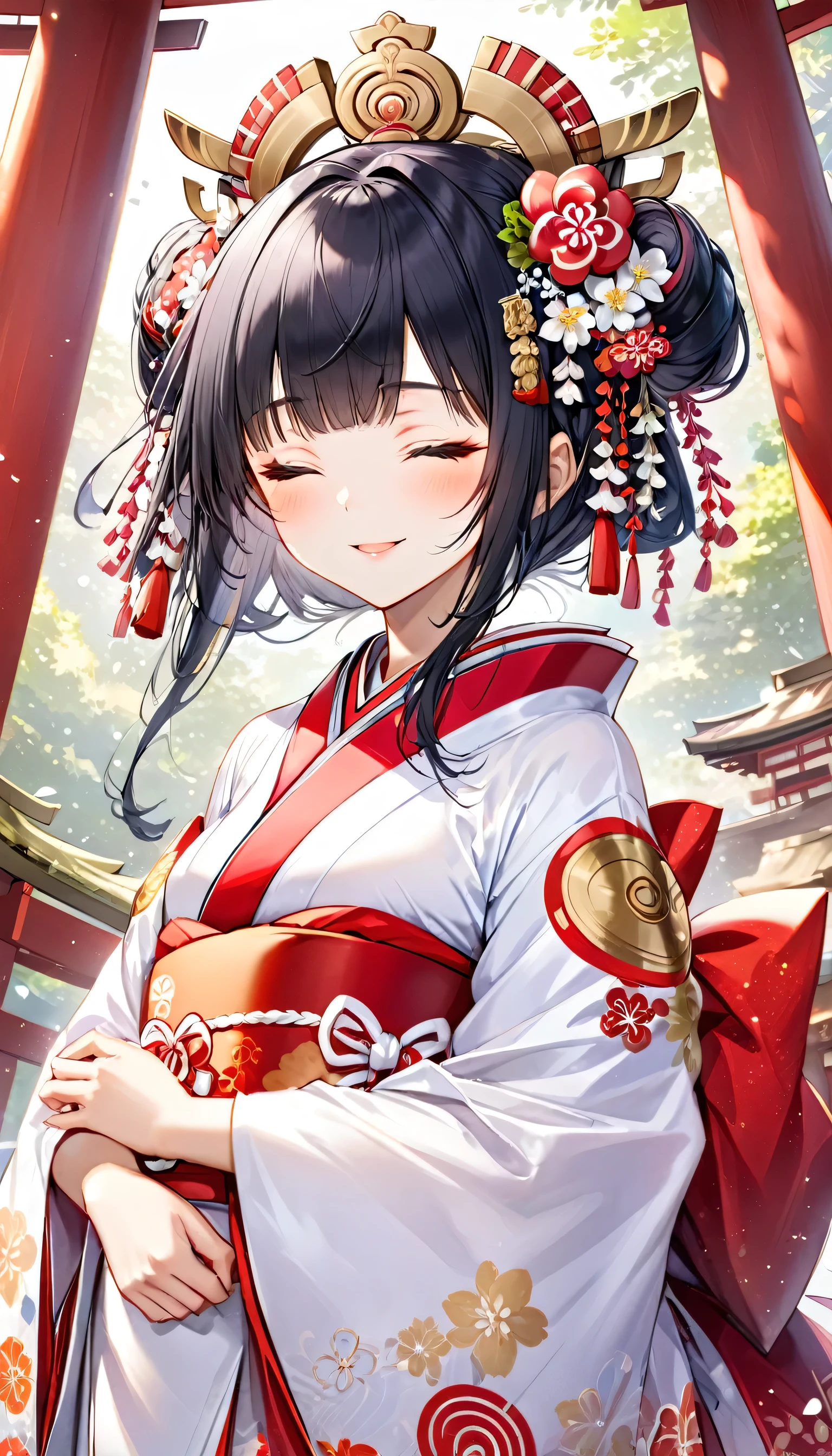 (Japanese June Bride style) (15 yo, solo) ((blunt bangs, oiran hair)) (black hair long hair sexy shrine maiden girl, sexy closed eyes, love smile) ((beautiful make up)) (in a sexy japanese bride A silk:1.3 White wedding kimono), (in the divine Shrine zasiki), BREAK, perfect anatomy, masterpiece, best quality, 16k, beautiful detailed grow, daydreaming expression.