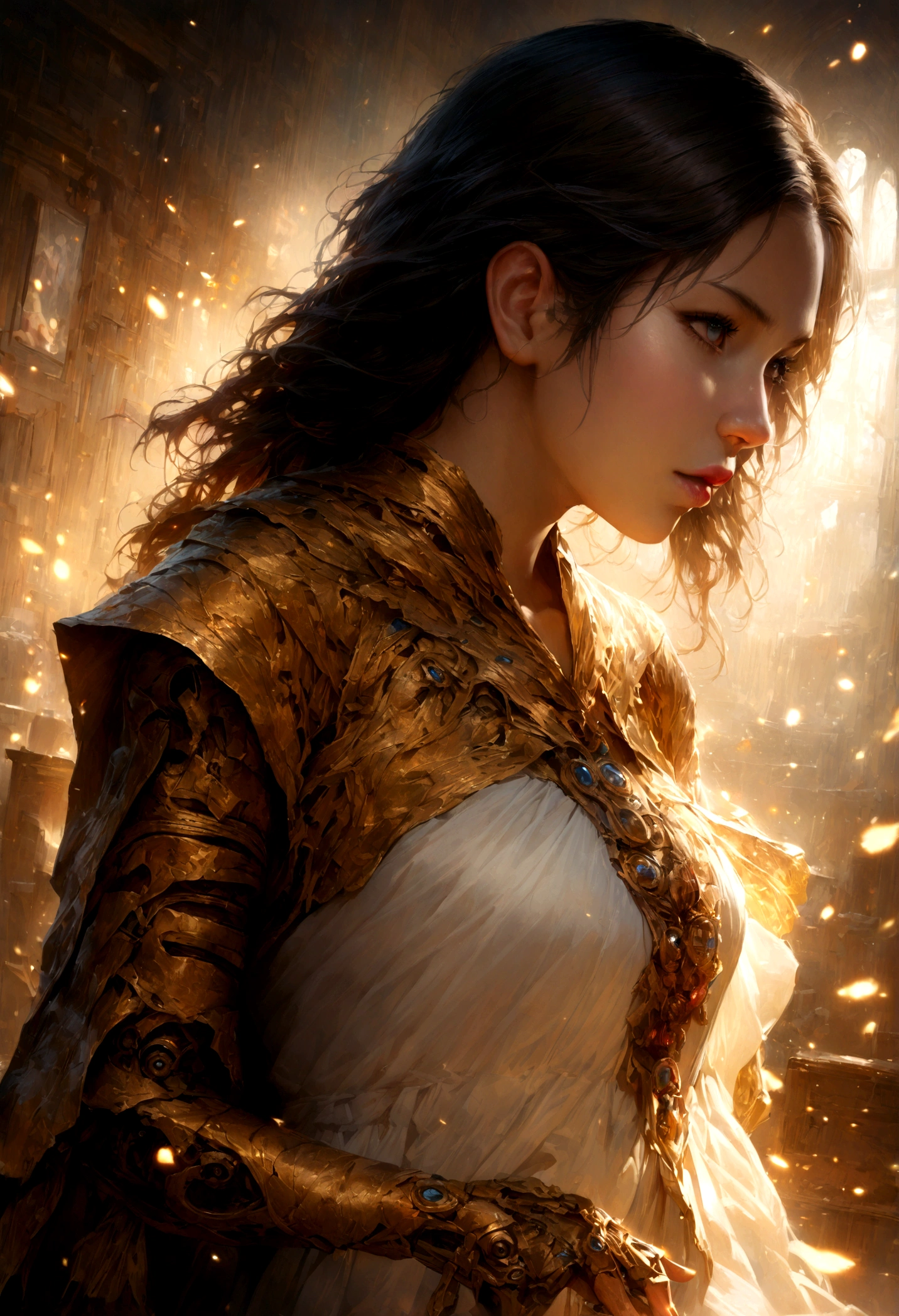 a young japanese girl, beautiful detailed eyes, beautiful detailed lips, white dress, biomechanical, gold veil covering eyes, incredibly scary, nightmare, very bright colors, glowing particles of light, bright lighting, digital art, perfect body, wallpaper art, (best quality,4k,8k,highres,masterpiece:1.2),ultra-detailed,(realistic,photorealistic,photo-realistic:1.37)