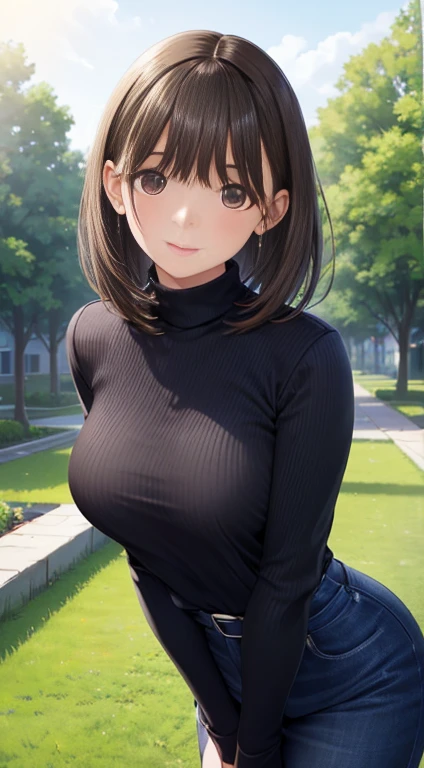 ((Tabletop, highest quality, High resolution, Hmph, Pixel perfect,  4K, Hmph, Hmph))),, high school girl, Shiny skin, Looking at the audience, 
Beautiful Hair, Beautiful Face, Beautiful and beautiful eyes,   ((Brown eyes, Beautiful eyelashes, Realistic eyes)),
 anegasaki nene、Shiny brown hair, short hair, Beautiful brown eyes、smile、Sparkling eyes, (Fine grain)、Ultra-detailed eyes、Highly detailed face, Highly detailed eyes, One Girl, single, alone, Beauty、The whole body is visible、
, 

One Girl、Supermodel with a perfect body、Short Bob、wear（black turtleneck sweater dress）、Malaise、Detailed body with a feminine fit、Detailed skin and facial skin、Depth of written border、Skin Details、Cafe daylight、but、garden、butn leaves、RAW Photos、highest quality、Best image quality、超High resolution、masterpiece:1.3、８ｋ