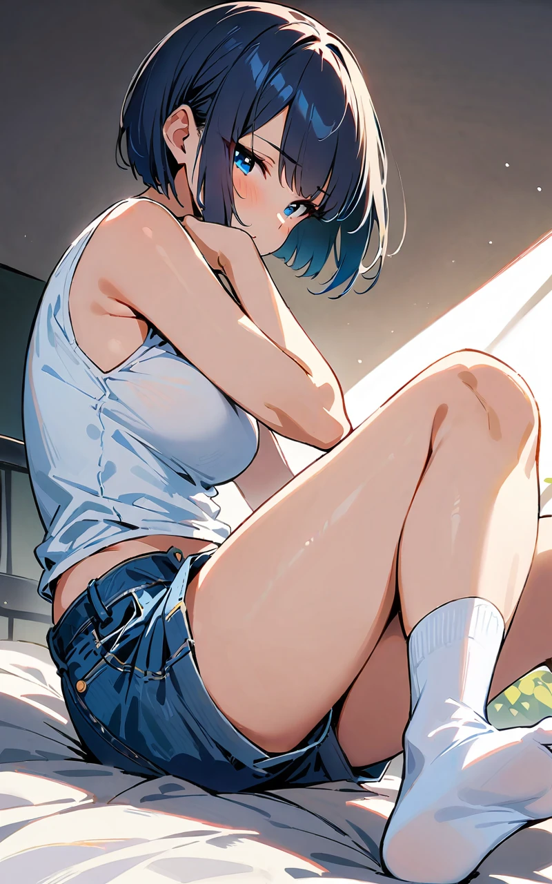  (masterpiece, highest quality:1.2), One girl, Bobcut, Sitting on the bed,White sleeveless tank top，Blue Denim Shorts,Sole Focus、White socks