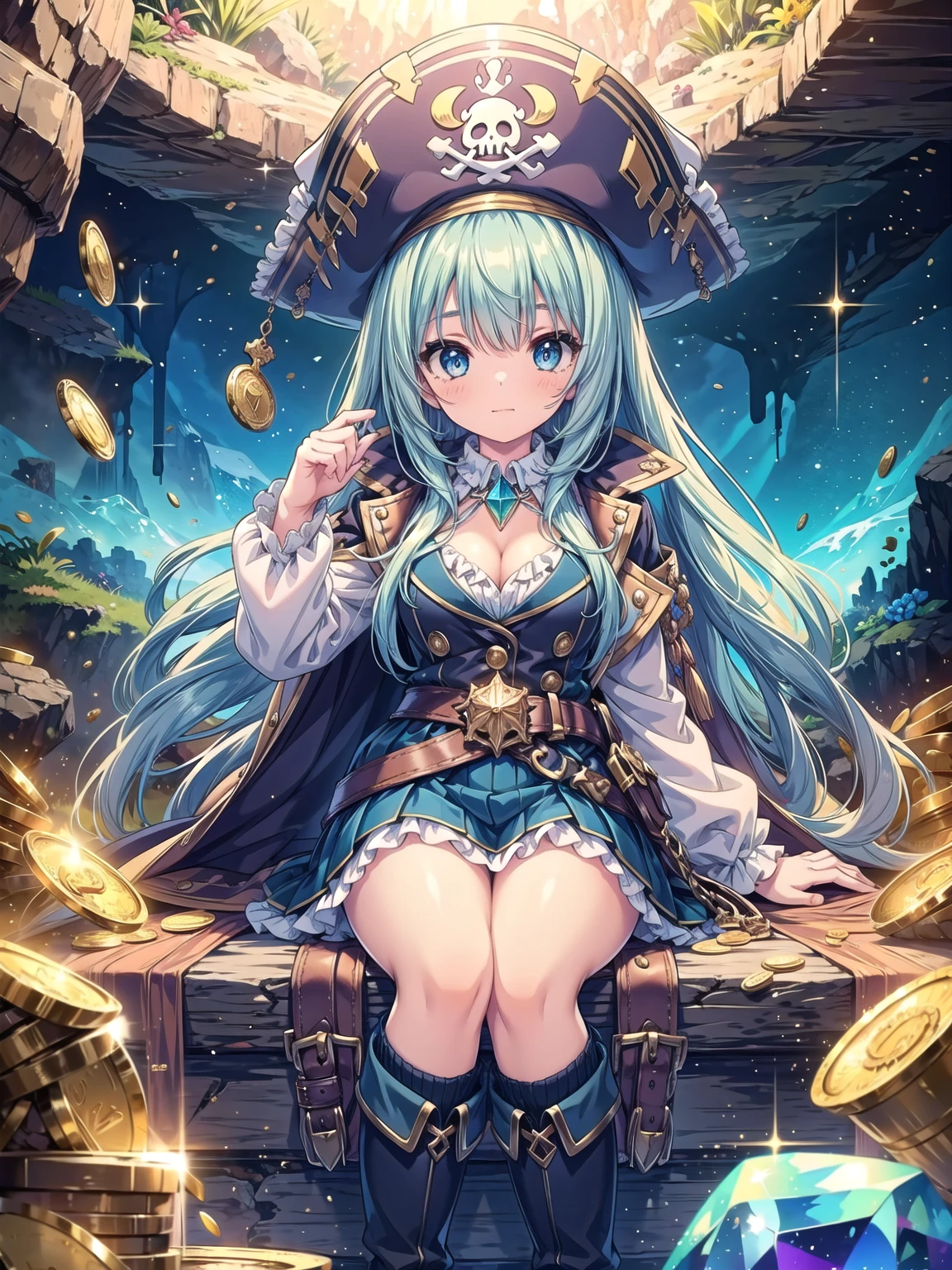 masterpiece, highest quality, One girl, alone, a girl in pirate suit with Long Hair sitting on the treasure and coin in a cave, treasure, gem, gem, coin, Sparkling, Long Hair, Milky white with blue inner color hair, Cleavage, Captain Hat, boots, Frills, Long coat, belt, Crossed_feet, Proud face, frome below