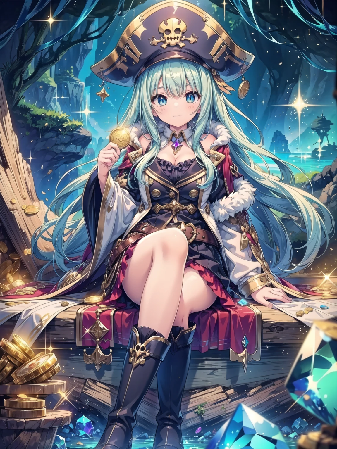 masterpiece, highest quality, One girl, alone, a girl in pirate suit with Long Hair sitting on the treasure and coin in a cave, treasure, gem, gem, coin, Sparkling, Long Hair, Milky white with blue inner color hair, Cleavage, Captain Hat, boots, Frills, Long coat, belt, Crossed_feet, Proud face, frome below