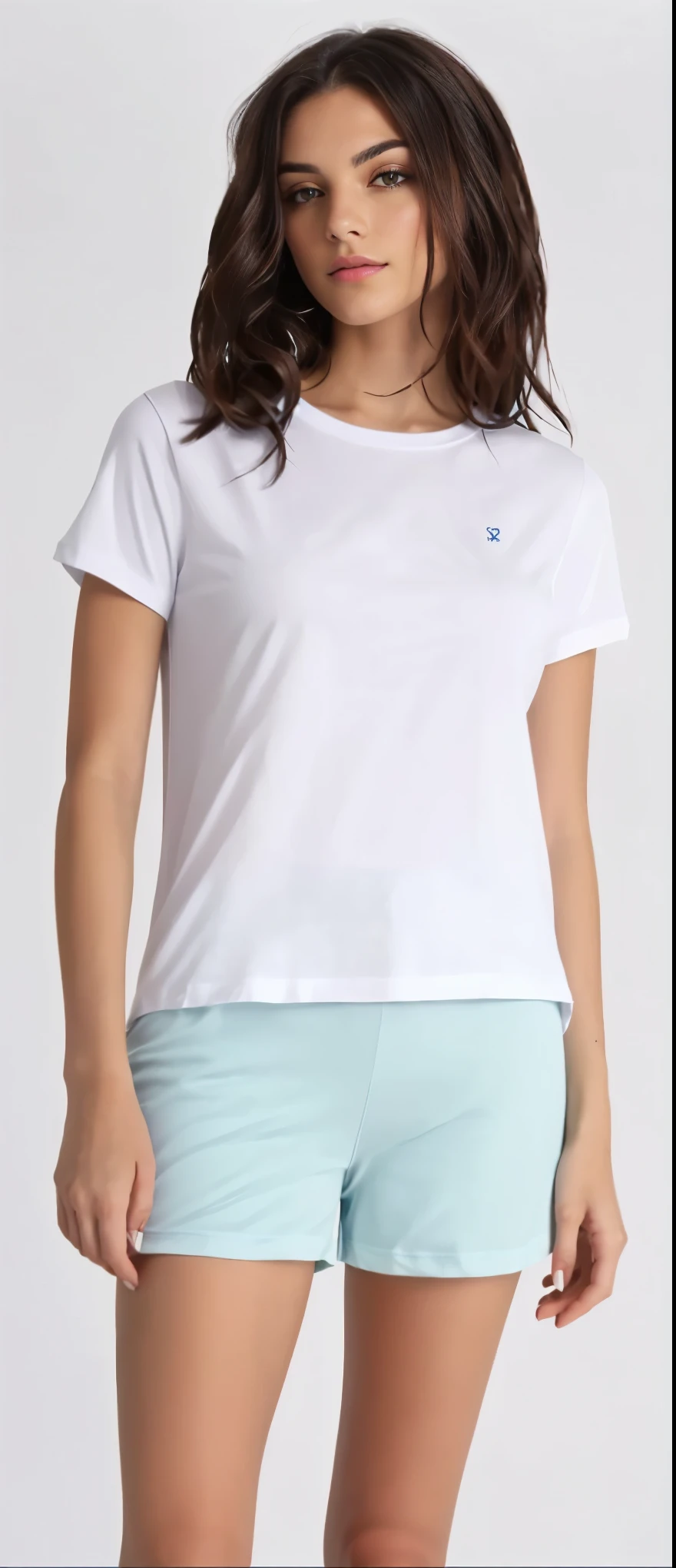 a close up of a woman wearing a camisa branca and blue shorts, camiseta branca, white camiseta, white Camiseta, plain camiseta branca, vestido com uma camiseta branca, Topo branco, dressed in a white Camiseta, camisa branca, fine camisa branca, Camiseta, camiseta, centre image, wearing camisa branca, camisa apertada