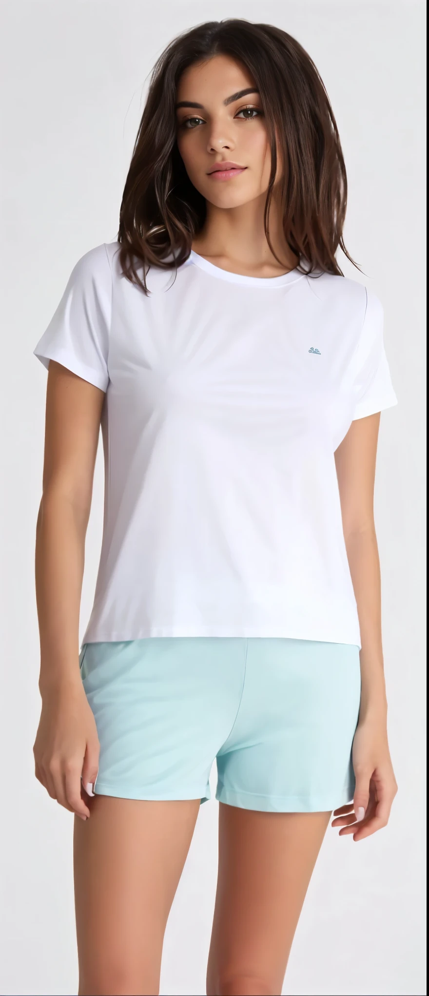 a close up of a woman wearing a camisa branca and blue shorts, camiseta branca, white camiseta, white Camiseta, plain camiseta branca, vestido com uma camiseta branca, Topo branco, dressed in a white Camiseta, camisa branca, fine camisa branca, Camiseta, camiseta, centre image, wearing camisa branca, camisa apertada