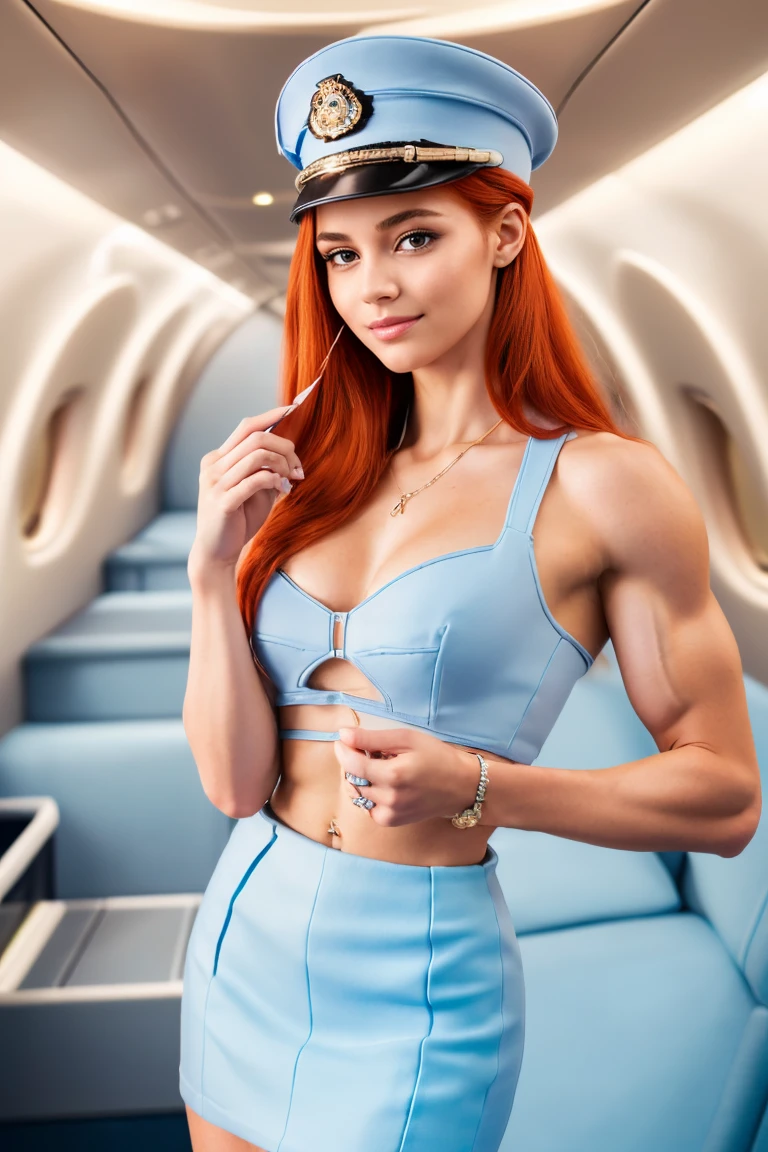 (ultra-detailed, best quality, 4k, highres, top quality, masterpiece:1.3), f/2.8, 50mm, Leica, stunning pilot, beautiful Scottish woman, tall and slender, flowing hair, (redhead:1.5), detailed eyes, detailed face, detailed lips, captivating, flirting with the camera, provocative uniform, (light blue:1.5), tight blouse, sleeveless, cleavage, (micro pencil skirt:1.5), st3w4rd3ss, uniform, lapel, garrison cap, name tag, cuffs, radiant smile, (inside sleek private jet:1.5), (standing:1.5), model poses, sophisticated, professional appearance, elegance, ((intricate detail:1.5)), skin pore texture, photo, cinematic, full body, (realistic, photo-realistic:1.33), natural light, depth of field, film grain, sharp, detailed and realistic woman, ruffled lips soft natural light, detailed hands, detailed fingers, portrait photography, photorealism, super detailed, intimate portrait composition, dimly lit, rim lighting, (Muscular:1.3), (athletic body:1.5), (Muscular body:1.3), perfect fit body.