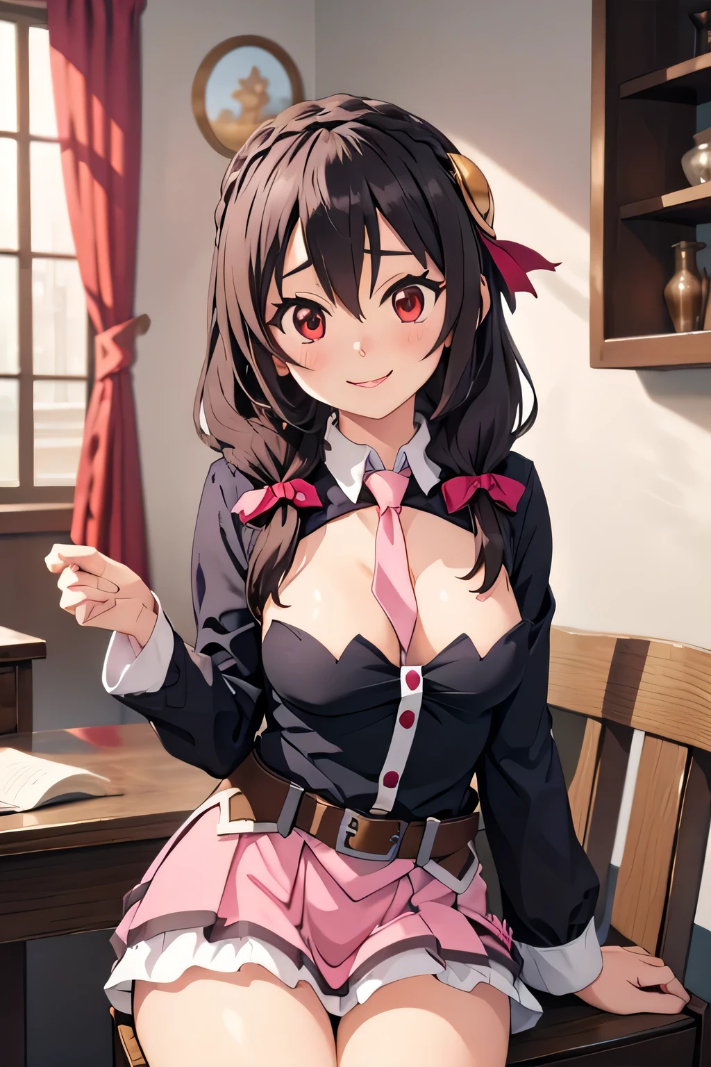 (masterpiece, highest quality), One girl, Yunyun,Long Hair,Braiding,Twin tails,Hair between the eyes,Hair Ribbon,hair ornaments,A little large chest Pink skirt、Red Eyes、The best smile、indoor、Crown Blade,Black Shirt, Long sleeve,Pink tie, belt, Cleavage cutout、cowboy shot、Grab the hem of your skirt with one hand、Sitting on a chair、I have a cup