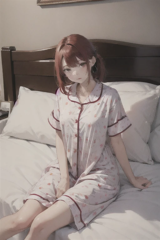1 girl, Redhead, Red eyes, Impact, RAW Photos, 8k, masterpiece,pajamas、bed、Are sleeping、