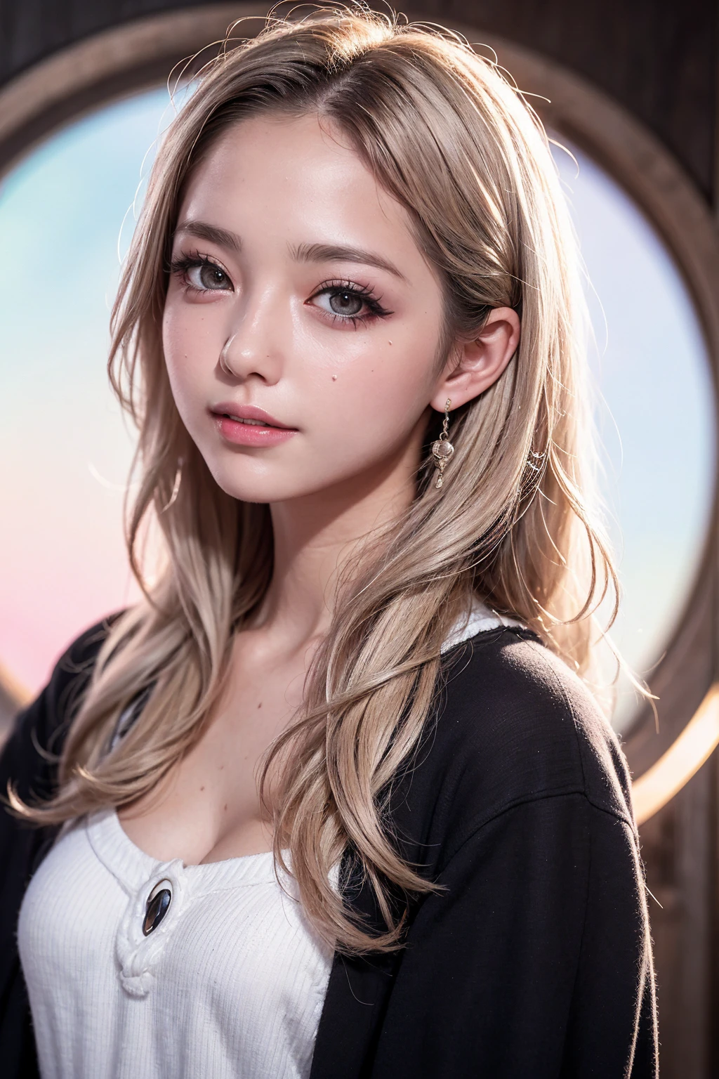 Realistic, masterpiece, highest quality, Highest Resolution, High Detail, Soft Light, Professional Lighting, Backlight, Film Grain, The background is blurred, Japanese , 16 years old, Upper body photo, Looks sleepy, inattention, Grinning, Open your mouth, Beautiful and detailed eye drawing, (Droopy eyes:1.3), Dark Eyes, Thin eyebrows, Draw eyelashes carefully, Eyelash extensions, Gal Makeup, Orange Cheek, (White brown wavy hair, Long Hair, Hair tied back, middle part:1.3), (Hidden eyelid wrinkles:1.3), (Gothic uniform:1.2), (The subject was photographed from above at an angle, The model is turned to the side, avert your eyes:1.3), (Purple sun decoration:1.3), (Face close-up:1.3)