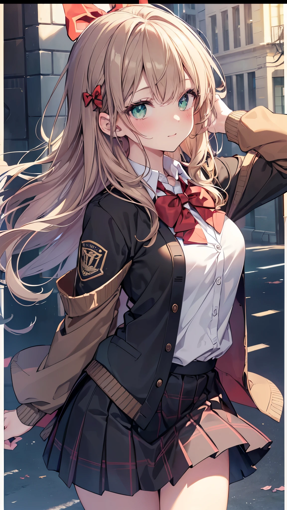 ((Tabletop, highest quality, High resolution, Hmph, Pixel perfect, Depth of written border, 4K, Hmph, Hmph))), 1 girl, single, alone, Beautiful Anime Girls, Beautiful art style, Anime characters, ((Long Hair, bangs, Dark brown hair, Curly Hair:0.8)), ((Green Eyes:1.4, Fine Eyes, Beautiful Eyes, Perfect Eyes,Curled eyelashes, Realistic eyes)), ((Detailed face, blush:1.2)), ((Smooth texture:0.75, Realistic texture:0.5, Anime CG Style)), Medium chest, Dynamic Angle, Big Breasts, Perfect body, Dynamic pose, ((Red bow tie, , Black jacket, Open jacket, Brown cardigan, White shirt, Black Skirt, Checked skirt)), smile, Open your mouth, Put your arms behind your back, Leaning forward, Amalment Park, ((close, throw, cute, Shoot in the face))