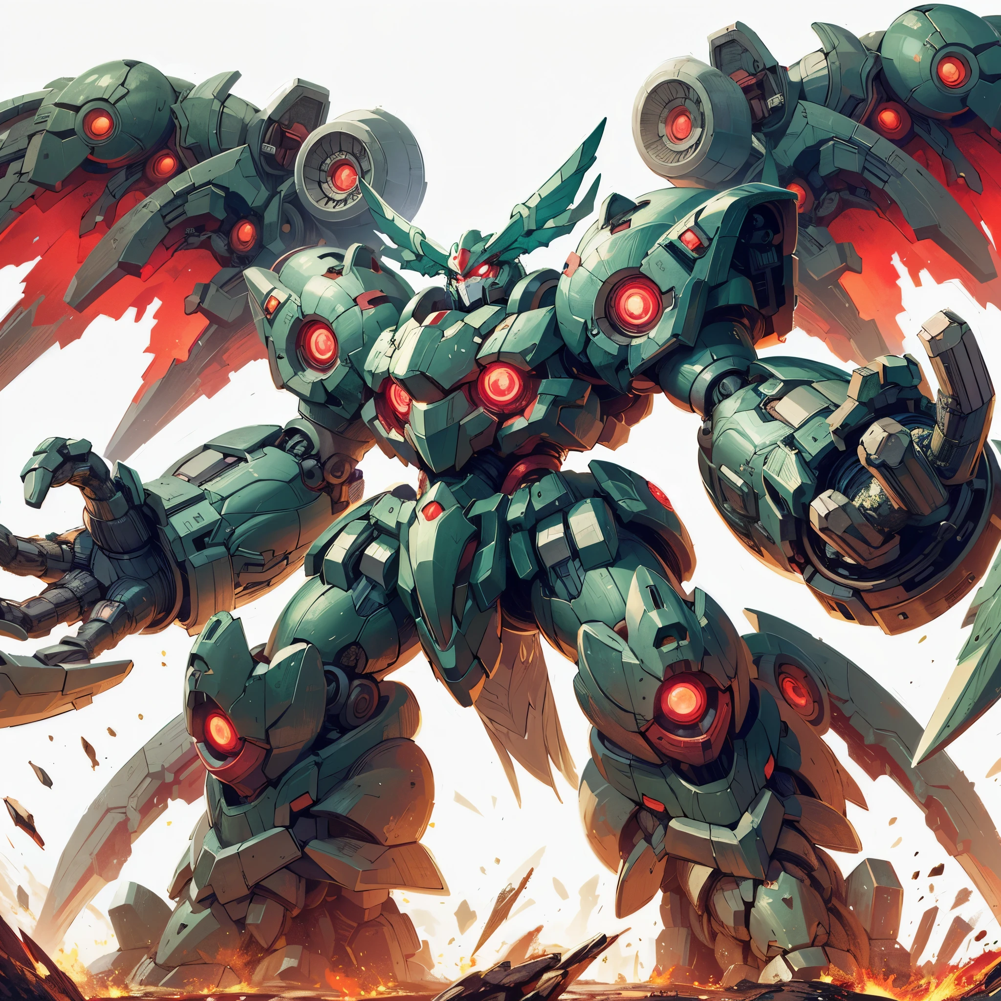 (masterpiece, best quality), ultra detailed, POKEMON like illustration style, full body, solo, cute SD robot, flying in chaos machinery colossus, wings outspread with pink flames, huge arms and massive legs, ((surrounded by pink flames)) sea green armor, that sheds molten iron like blood, fanged maw, crowned with a crown of fire, very massive, Super Robot Wars, non-human silhouette, red line, red eyes, digital painting, 8K high resolution, white background, whole body,