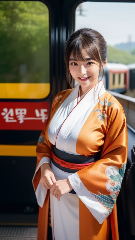 araffe dressed in a kimono, Japanese Goddess, wearing kimono, kimono, Glamorous and sexy geisha, wearing a kimono, wearing kimono armor, japanese kimono, anime girl Cosplay, classic kimono, Organic Enchantress, Cosplay photo, Onmyoji, Wearing an orange silk robe, pale and coloured kimono, Cosplay, gorgeous young , beautiful south , Korean Girls, beautiful young, (Cute Japanese Woman,) Choi Hong-hwa, korean female fashion model, Sexy Looks, Large Breasts, Sexy pose, Show off your breasts, Shiny, very dark brown hair, Big smile, cowboy shot, ((slit kimono：1.4)), ((With a train in the background:1.4)), noon,