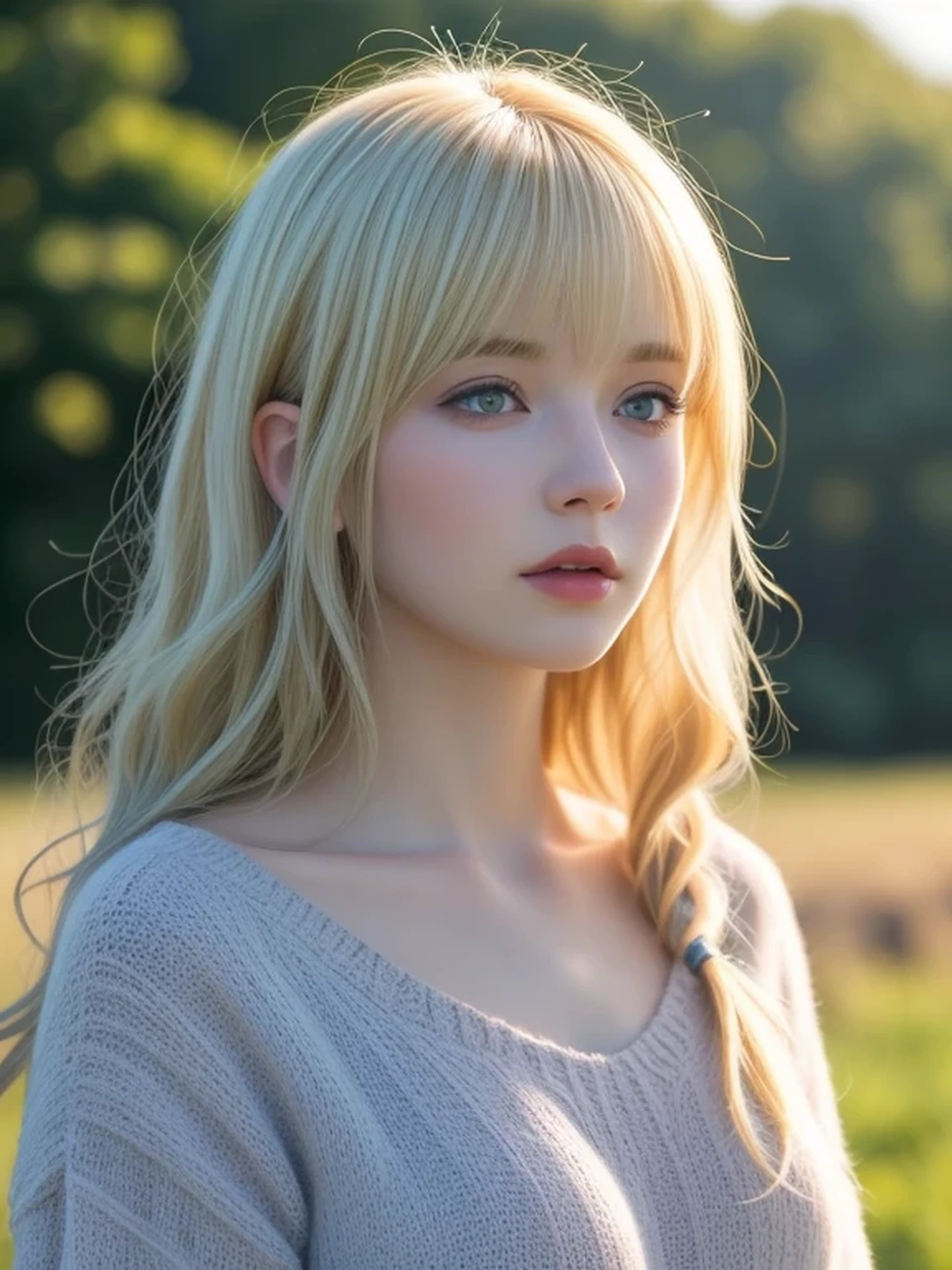 (looking away:1.4), (upper body shot:1.2), Realistic digital painting of a woman portrait, Shy, Cute, open mouth to say something, sad, blue eyes, (Wavy medium Hair:1.1), bangs, (Blonde Hair:1.3), (Highly detailed skin:1.2), Mystical style, Global Illumination, sweater