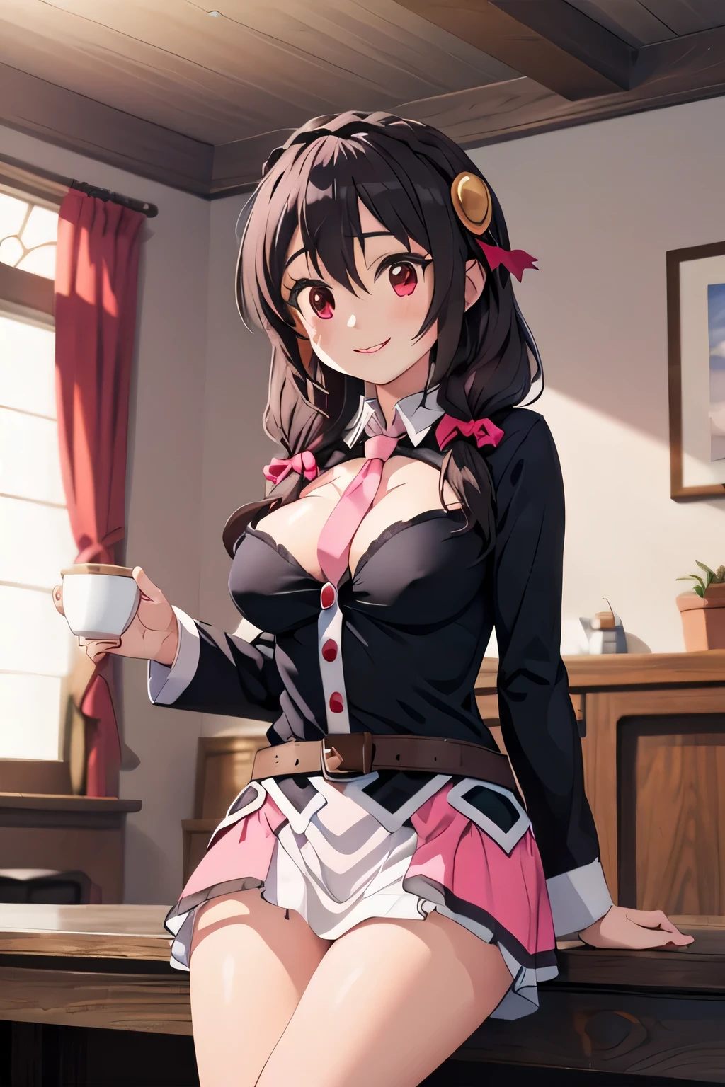 (masterpiece, highest quality), One girl,    Yunyun,Long Hair,Braiding,Twin tails,Hair between the eyes,Hair Ribbon,hair ornaments,large round breasts,、Pink Skirt、Red Eyes、The best smile、indoor、Crown Blade,Black Shirt, Long sleeve,Pink tie, belt, Cleavage cutout、cowboy shot、Grab the hem of your skirt with one hand、Sitting on a chair、Holding out a cup