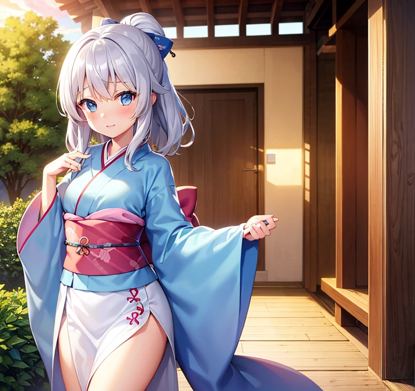 1girl, silver medium hair, sky blue eyes, kimono skirt, shrine, cute, blush, medium breast, sunset, best quality++, highest quality++