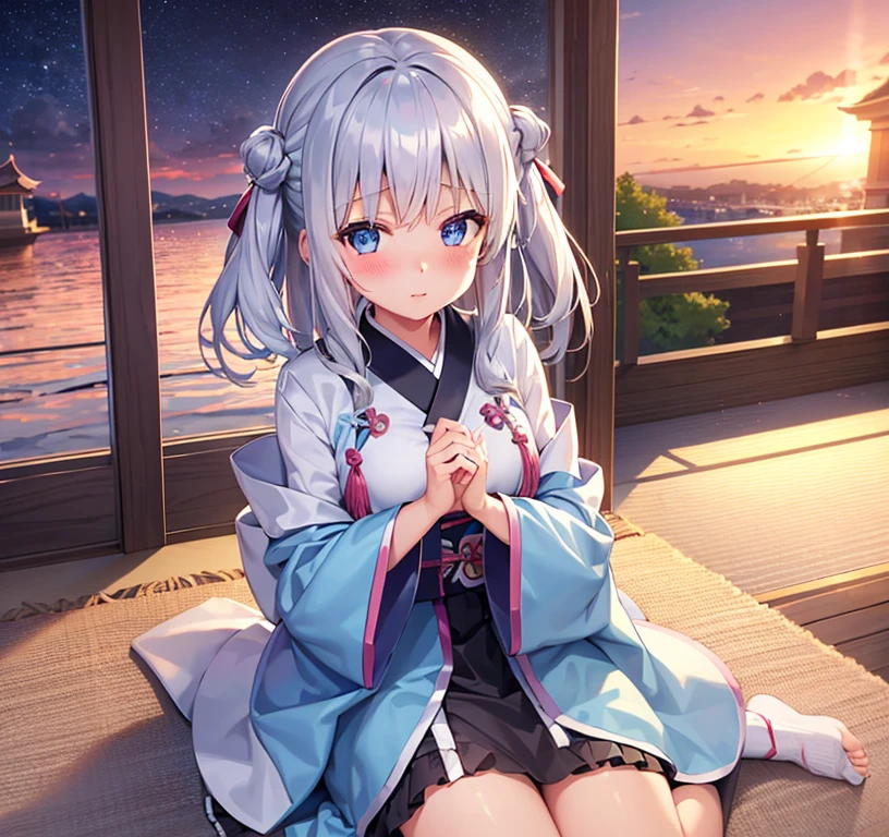 1girl, silver medium hair, sky blue eyes, kimono skirt, shrine, cute, blush, medium breast, sunset, best quality++, highest quality++
